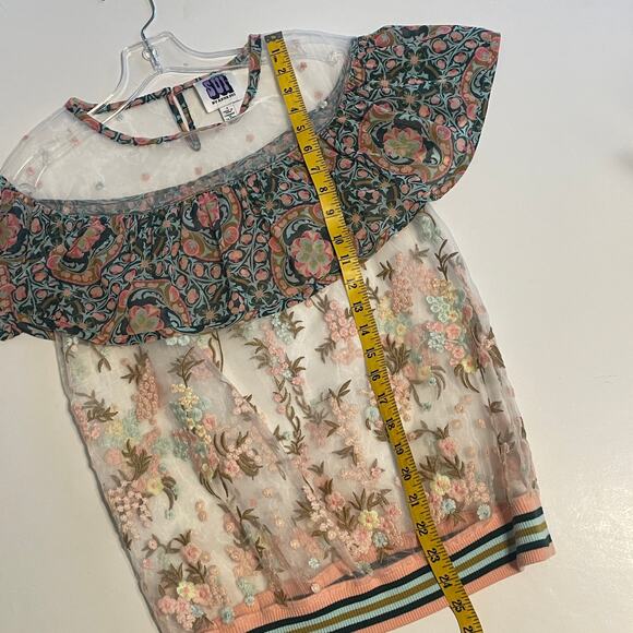 SUI by Anna Sui Sheer Embroidered Flounce Top Womens Small Floral Prairie Blouse - Picture 6 of 6